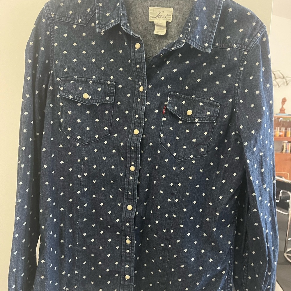 Levi's Dark Blue denim Star Patterned Shirt pearl snap western size medium
